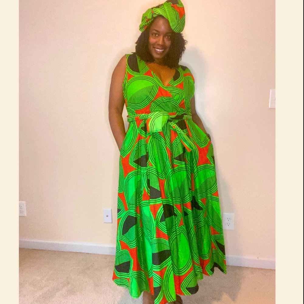 Green and Orange a-line maxi dress in bold African print (Size 16-20)